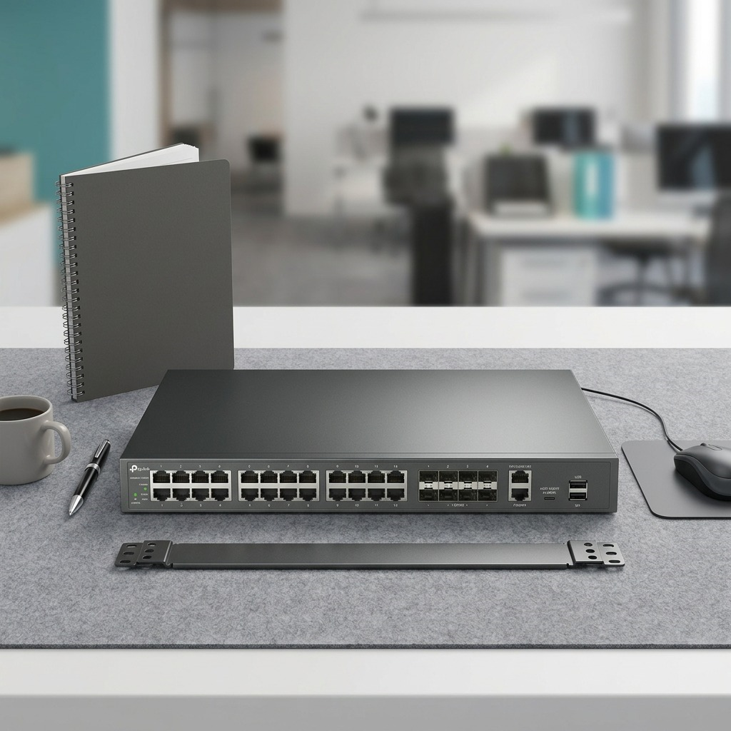 TP-Link S6500-24M4Y rack switch shown to scale on a desk with a notebook and peripherals.