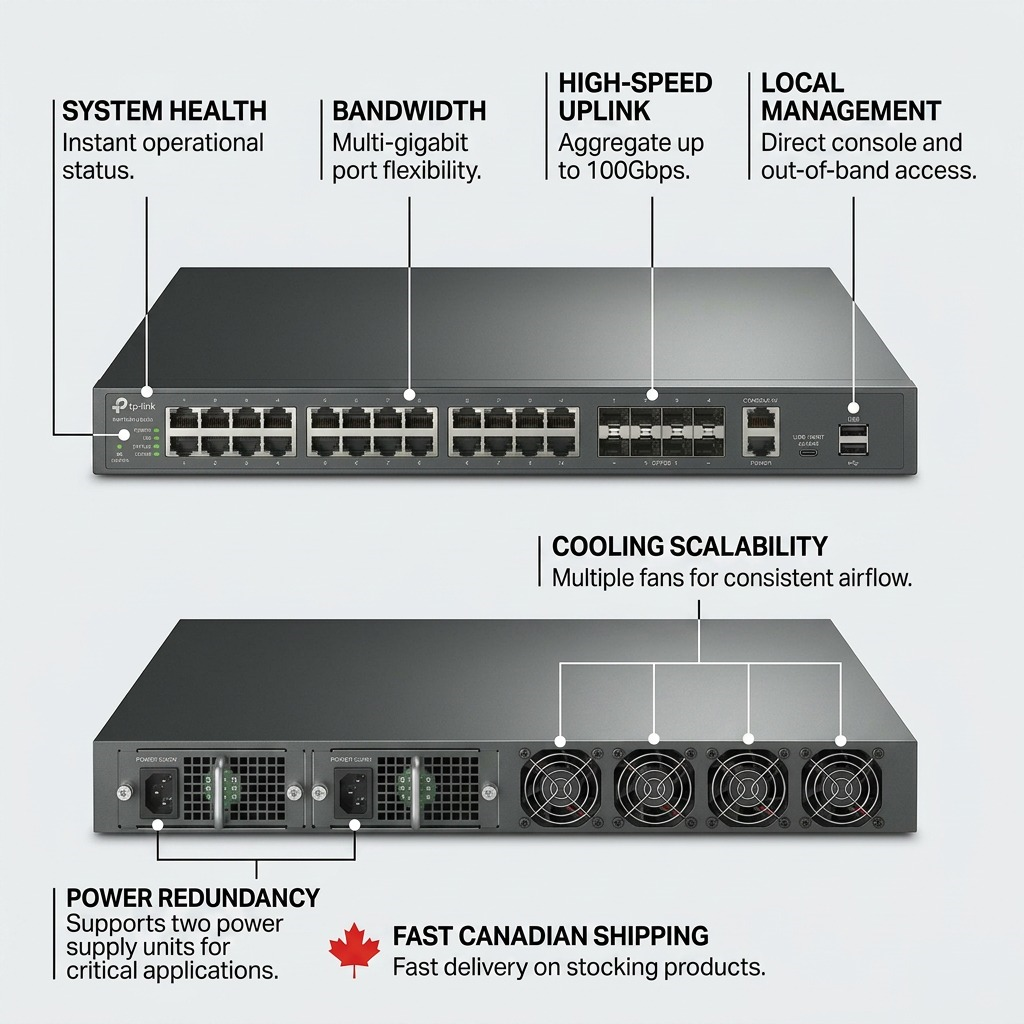 TP-Link S6500-24M4Y feature graphic showing front/rear views with operational feature callouts.
