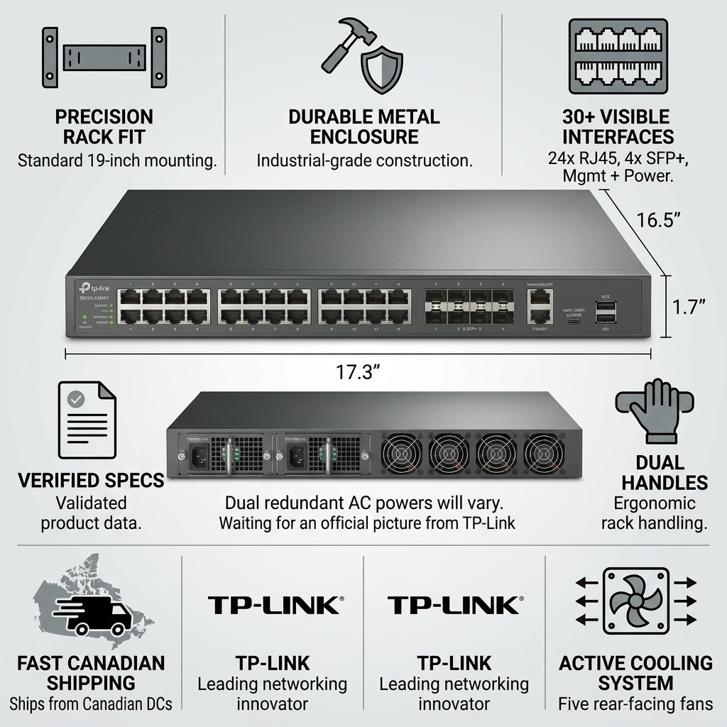 TP-Link S6500-24M4Y product infographic showing features like rack fit, durable metal casing, cooling, security, and Canadian shipping.