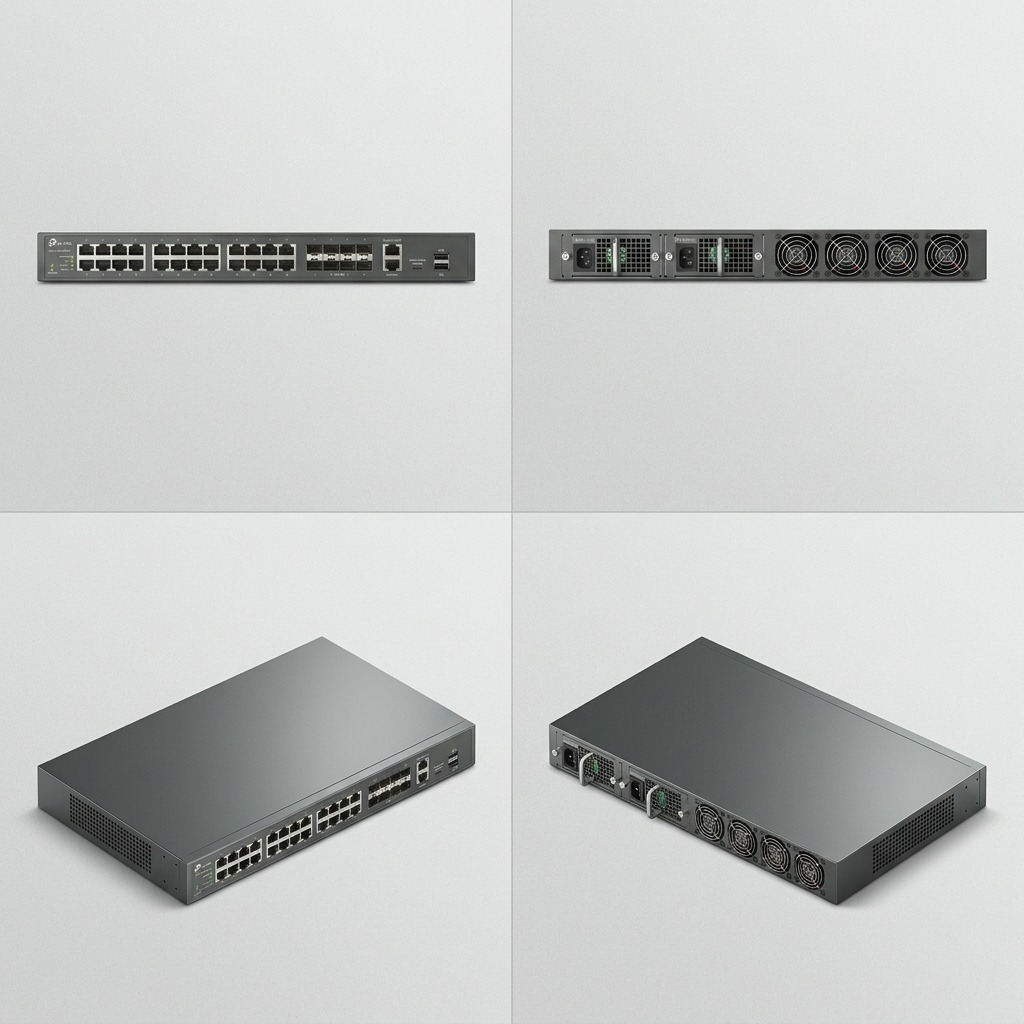 A matrix image displaying the specified TP-Link switch (MPN: S6500-24M4Y) from multiple angles, showing front, back, and isometric views in a clean, professional grid.