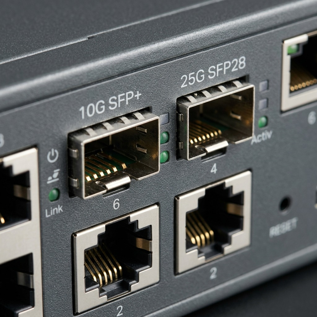 Macro detail of TP-Link S6500-24M4Y showing high-speed SFP and RJ45 ports.
