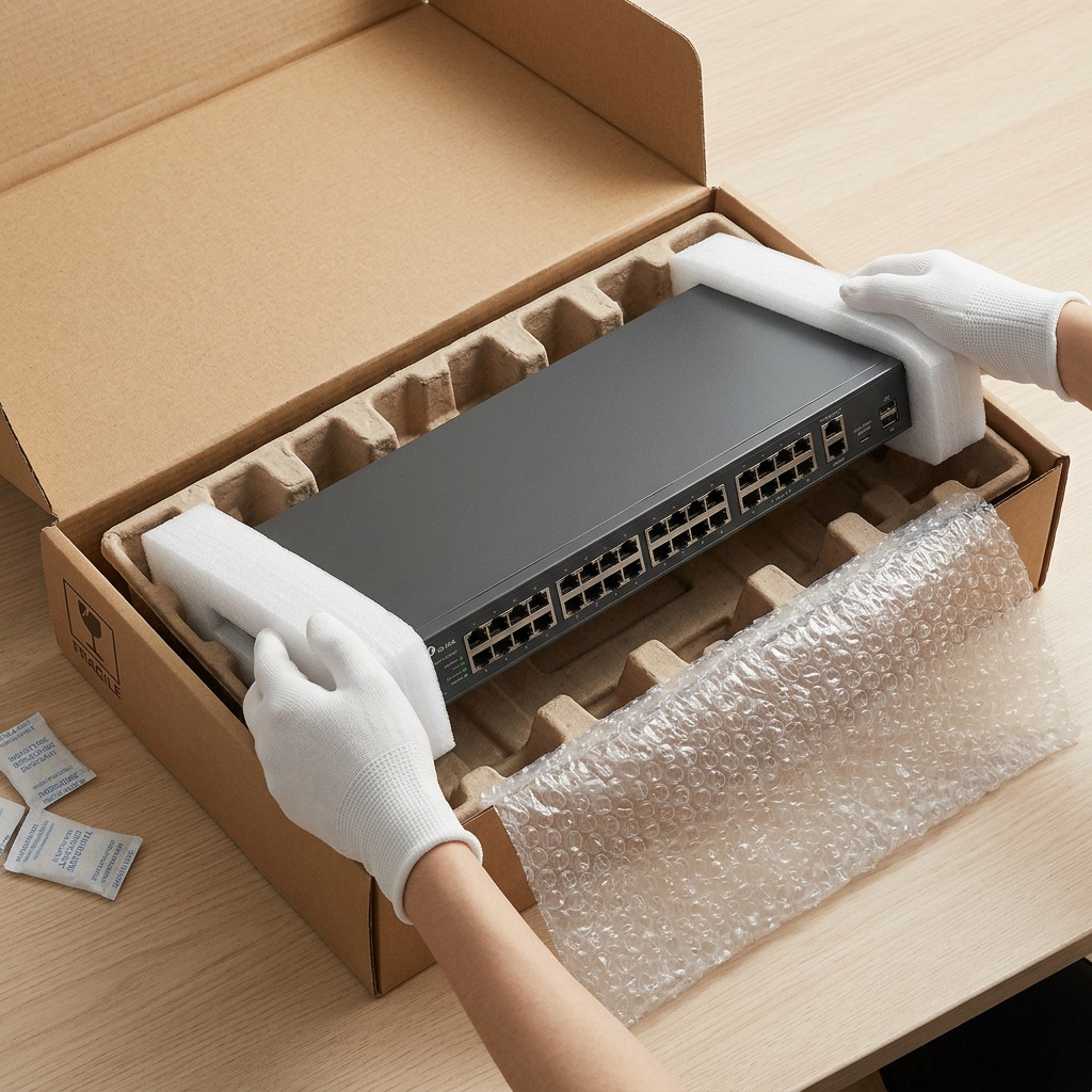 A close-up unboxing scene, with the TP-Link S6500-24M4Y L3 Managed Switch being carefully lifted from a cut-open, protective corrugated shipping carton by clean gloved hands. The switch's precise port and rear fan configuration are visible, nestled in custom molded pulp inserts.