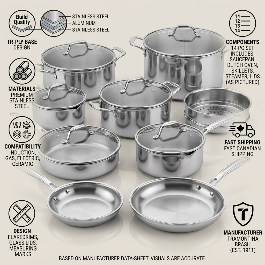 A product infographic for Tramontina 14-piece stainless steel cookware, detailing key product features, build specifications, and shipping details.