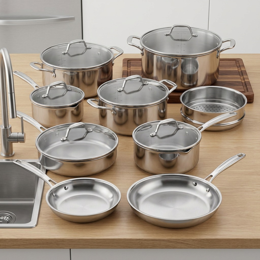 A high-resolution product photo showing the Tramontina 14-piece cookware set arranged alongside a kitchen sink and cutting board for scale.