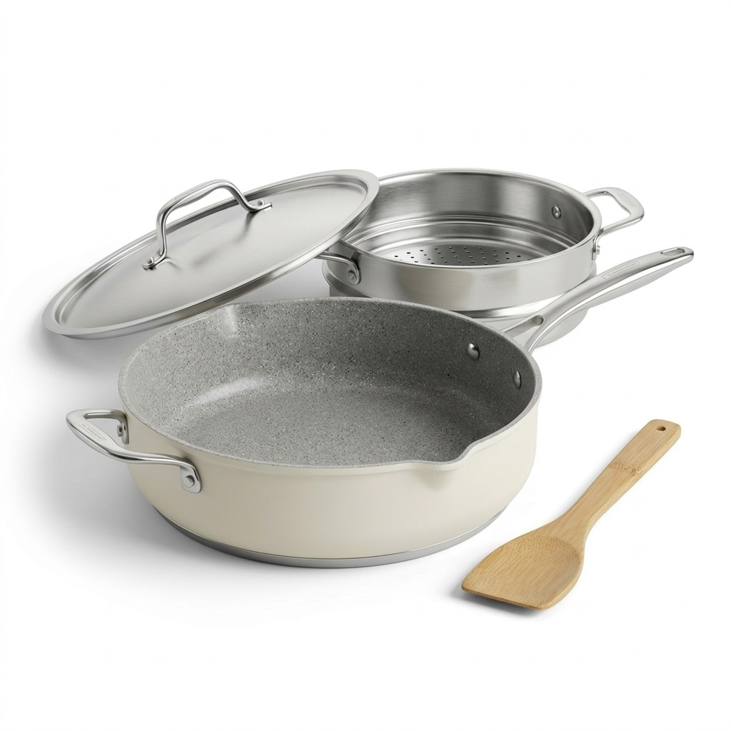 A high-resolution, centered view of the four-piece Tramontina Sea Salt All In One Plus Pan set, including the nonstick pan, steamer insert, lid, and spatula on a pure white background.