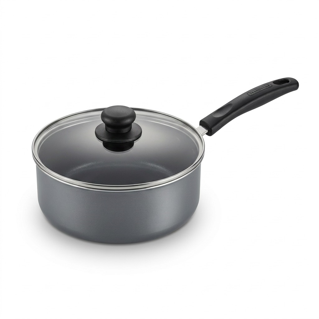 A pristine high-resolution hero shot of the Tramontina 3 Qt Covered Sauce Pan on a pure white background.