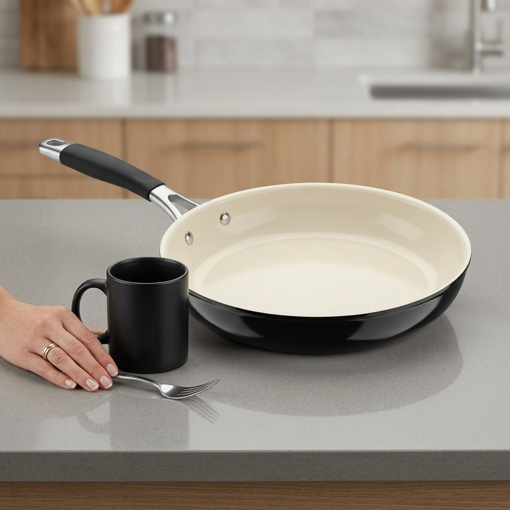 A 12-inch frying pan on a kitchen island with a context hand and standard mug.