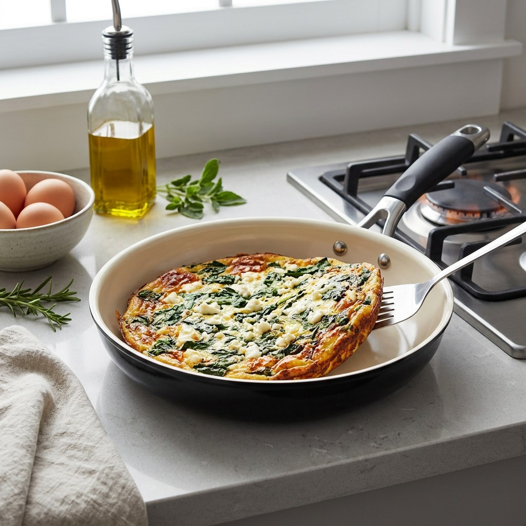 A lifestyle photograph of the Tramontina 12-inch frying pan with a frittata on a kitchen counter with natural light.
