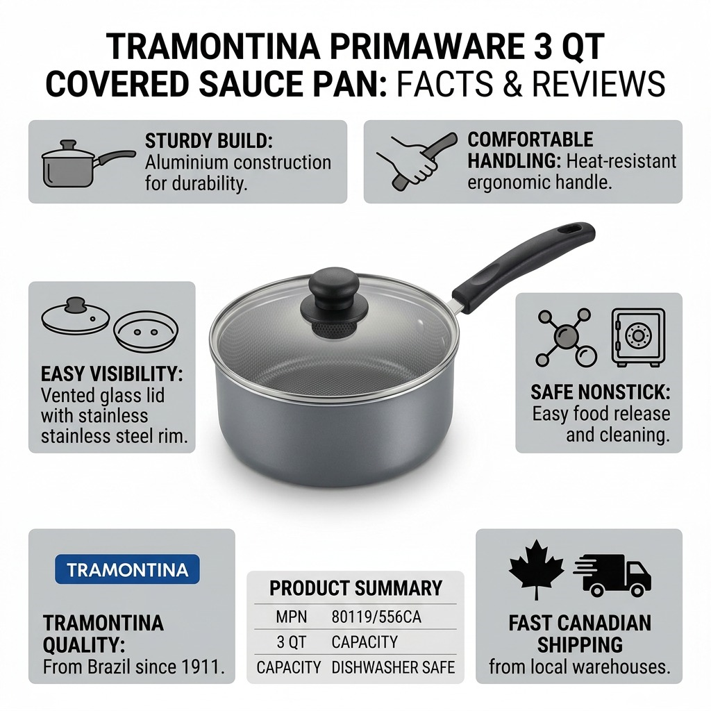 PDP graphic for Tramontina 3Qt pan with facts on build, safe nonstick, visibility, quality, and fast shipping.