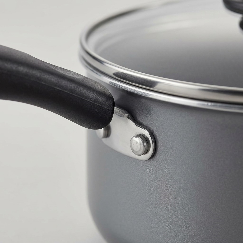 Macro shot of the stainless steel rivet and handle connection on the grey Tramontina Primaware 3 Qt saucepan.