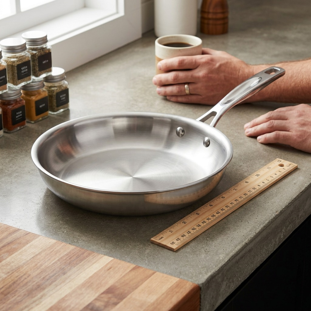 Tramontina 10-inch stainless steel fry pan with handle on kitchen counter next to ruler for scale.