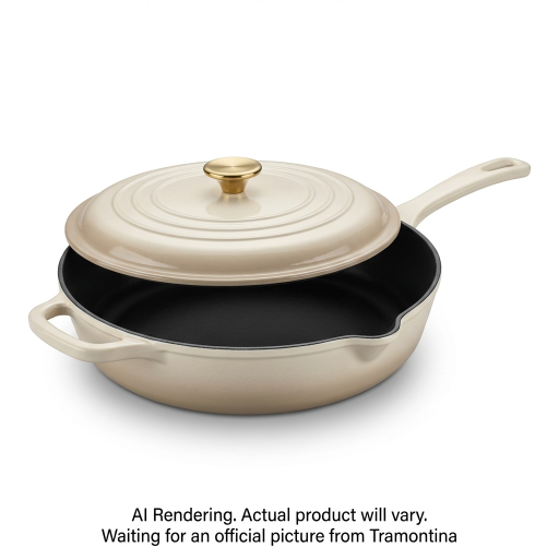 Tramontina Bestow 12 Inch Enameled Cast-Iron Covered Skillet, Latte