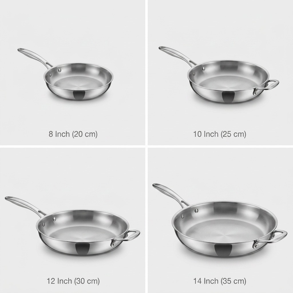 An ecommerce product variety matrix featuring four stainless stee fry pans in different sizes.