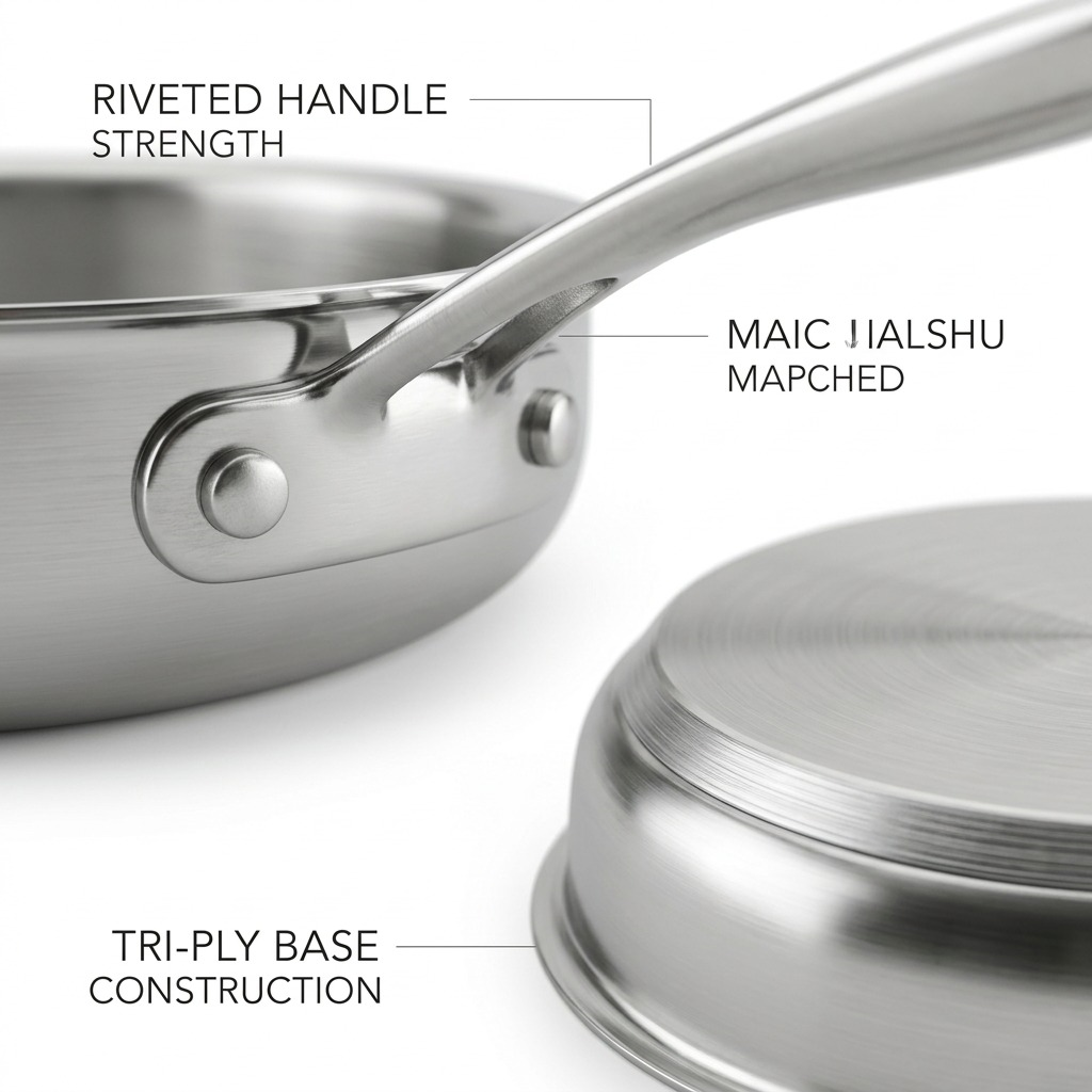 Macro photograph focusing on the riveted handle connection of a stainless steel saucepan.
