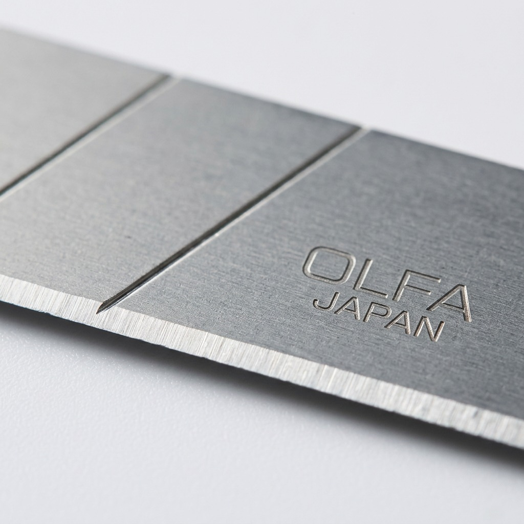 A macro photo of an OLFA 18mm snap blade, showing a snap line, the sharp, ground edge, and stamped text.