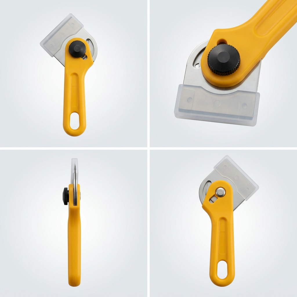 Multi-view matrix showing the adjustable Olfa scraper from four angles, clarifying its configuration.