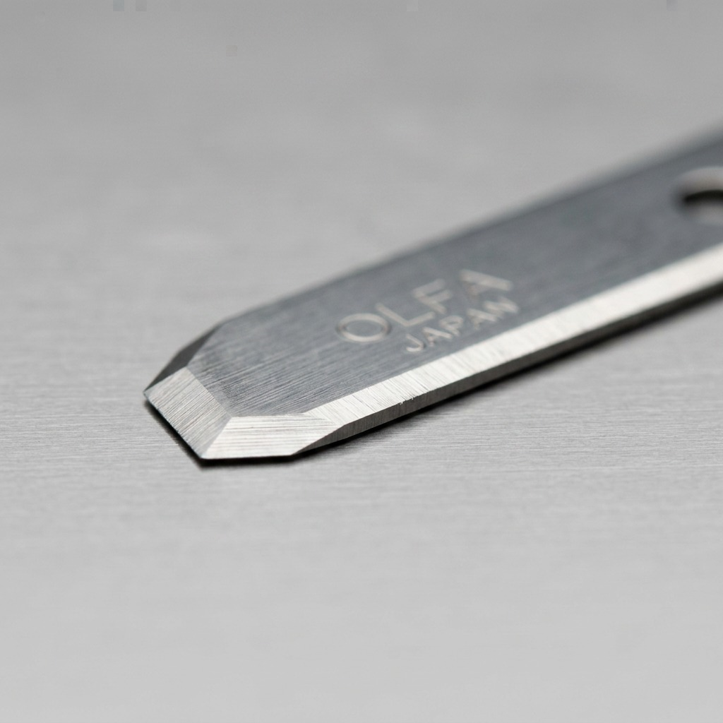 Macro photograph focusing on the precision the dual-tip safety cutting edge of an OLFA SKB-7 blade, highlighting metal texture and specific bevel geometry.