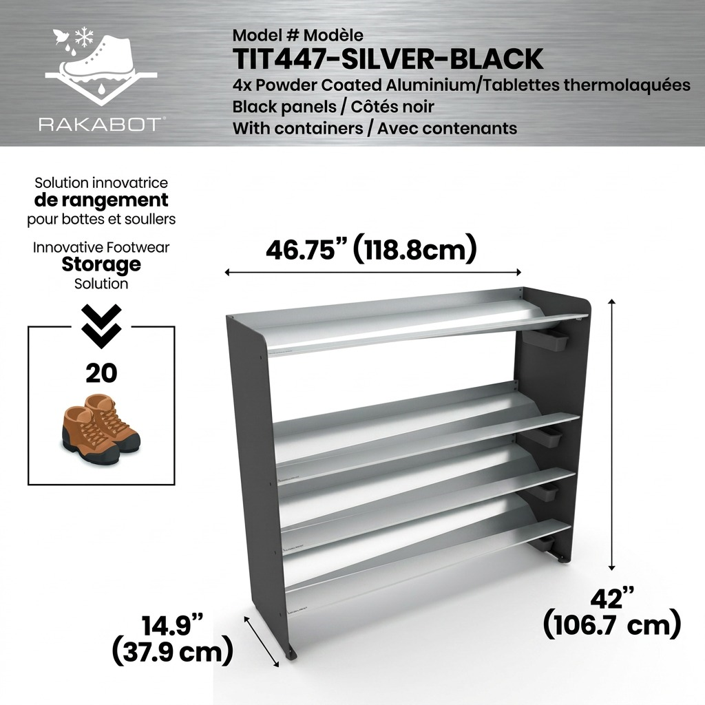 A pure, high-resolution hero shot of the 4-tier grey and black Rakabot Titanic shoe rack.
