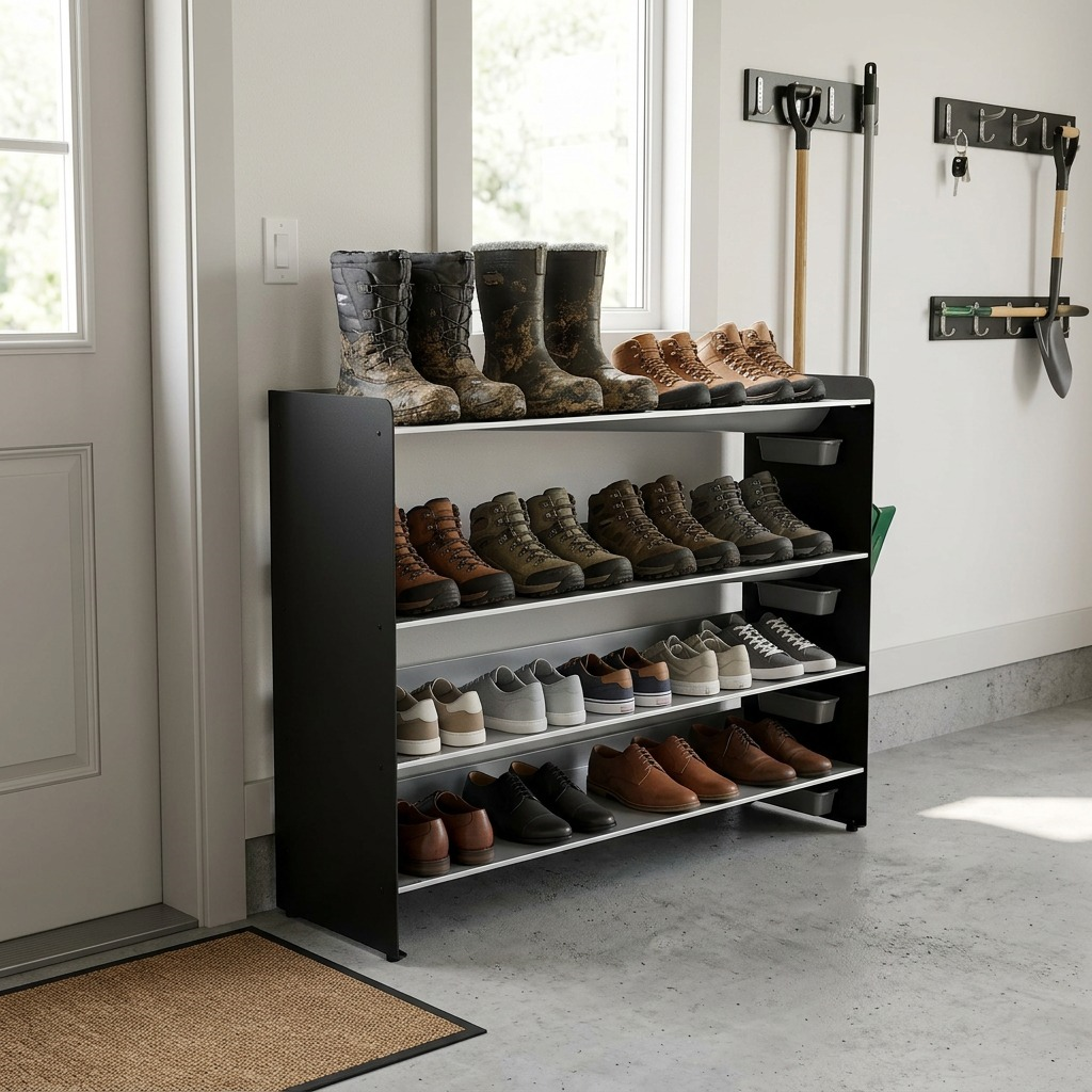 Rakabot Titan 4-tier rack with black panels and silver shelves holding 20 pairs of shoes.