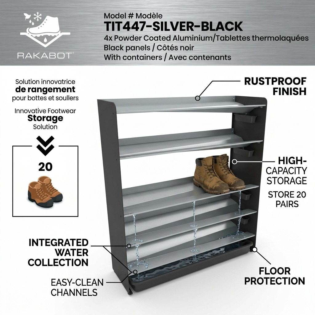 Operational feature graphic of a 4-tier commercial boot rack, detailing moisture drainage, floor protection, and high-capacity storage.