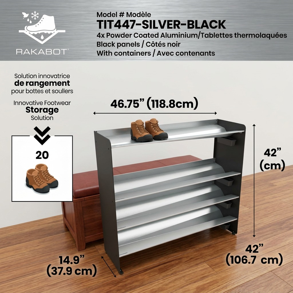 Scaling reference shot of the four-tier silver and black metal Rakabot footwear rack next to a closed full-size entryway bench.