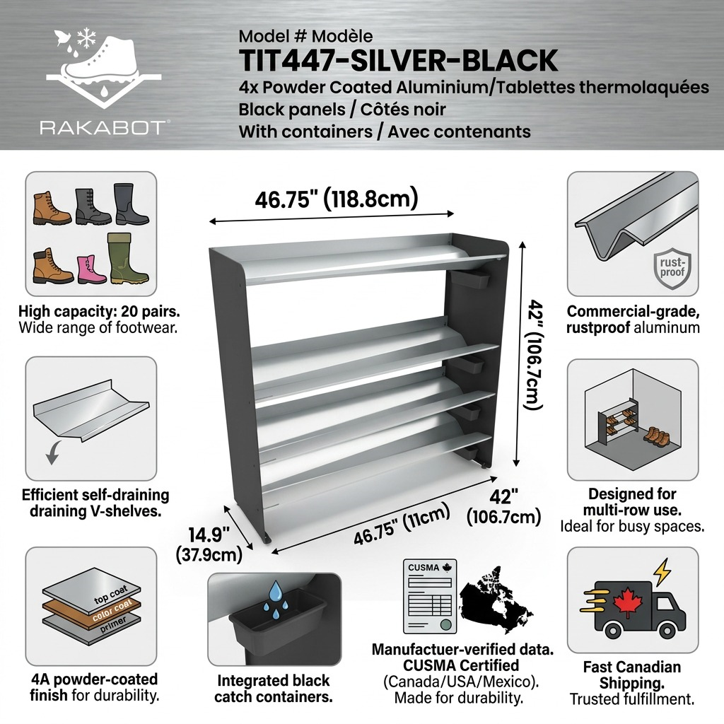 An infographic showing the RAKABOT Titan TIT447-SILVER-BLACK with key product information for buyers.