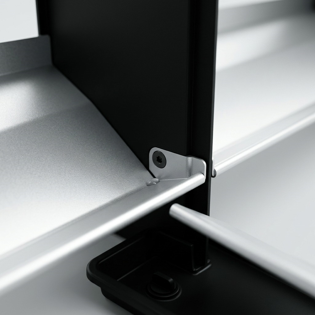 Macro shot shows Rakabot Titan's sloped shelf, integrated channel, and black collection container.