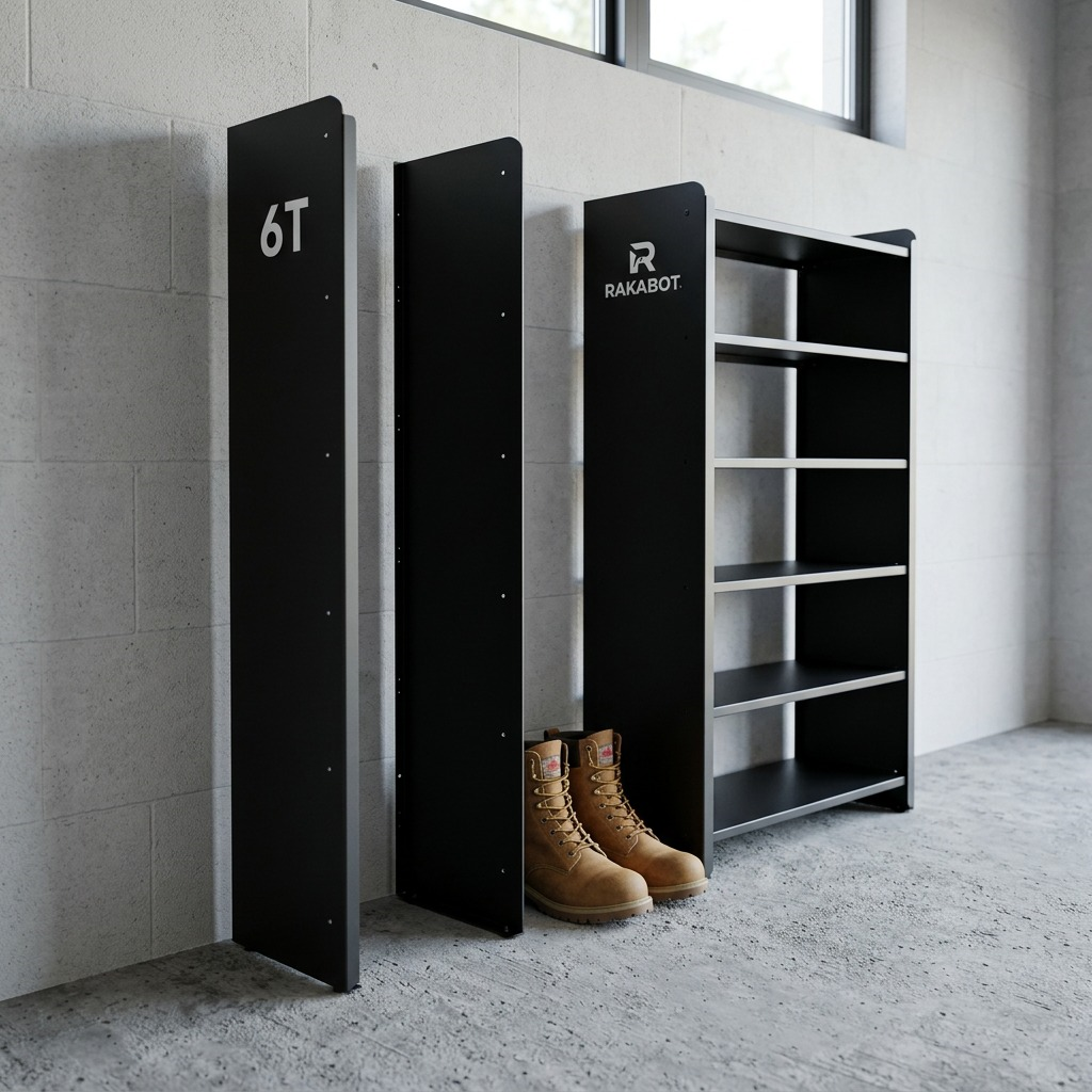 A full shot of an adult man in a workshop, standing casually beside the two 6T black metal panels from image_0.png, which are placed on the concrete floor against a neutral white wall. He gestures to the top edge, illustrating their height relative to him for a scale reference. The panels show their matte finish and mounting holes clearly. Ground-level view.
