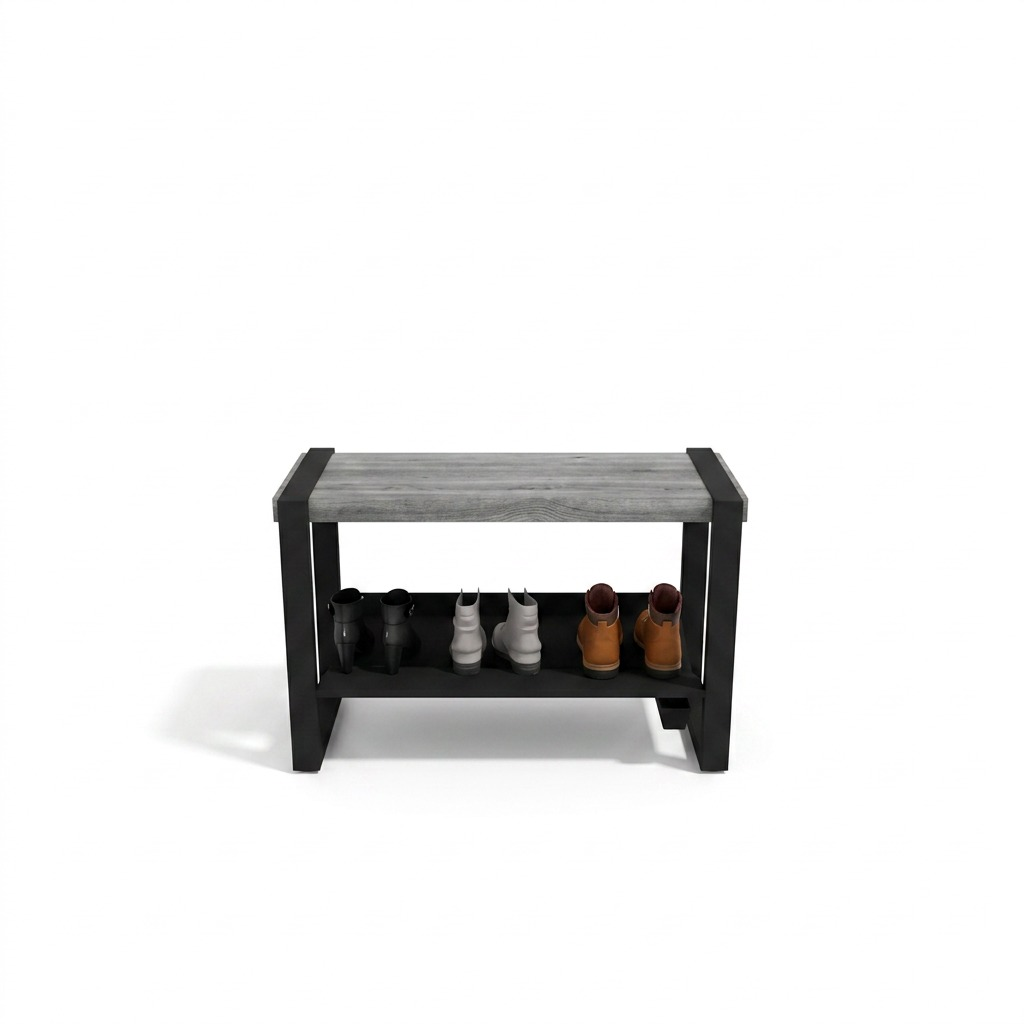 A high-resolution, centered image of a grey wood and black metal entry bench on a pure white background.