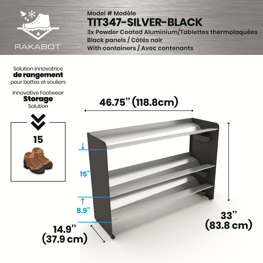 (CUSMA form attached) TITAN 3 tier Grey Shelf, 47 inches wide, stores 15 pairs of footwear without the drips