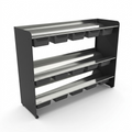A premium high-resolution ecommerce hero shot of the Rakabot TIT347-SS-BLACK, a 3-tier stainless steel and matte black storage rack, empty, against a pure white background.