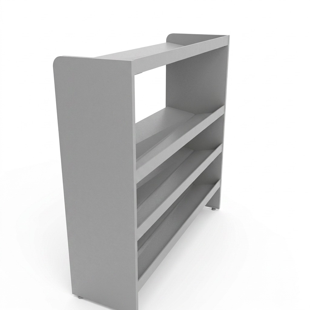 An isolated overhead view of the RAKABOT TITAN 4-shelf grey shoe organizer rack with inclined shelves.