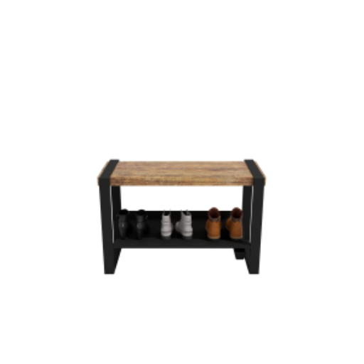 (CUSMA form attached) Sturdy practical entryway bench / 34" wide / WHISKY wood stain / Black shelf & frame / Store 3 pairs / Rakabot Moderno