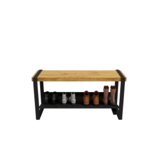(CUSMA form attached) Sturdy practical entryway bench / 43" wide / HONEY wood stain / Black shelf & frame / Store 3 pairs / Rakabot Moderno