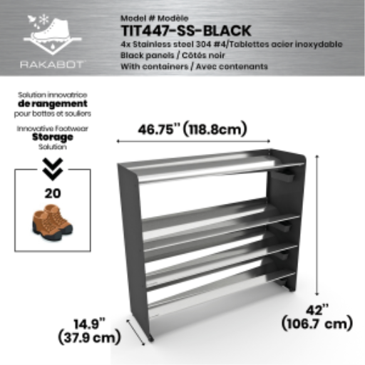Commercial rustproof shoe and boot rack / 4 Tier / Shelf 46.25" STAINLESS / Mate black  panels / Store 20 pairs / Rakabot Titan