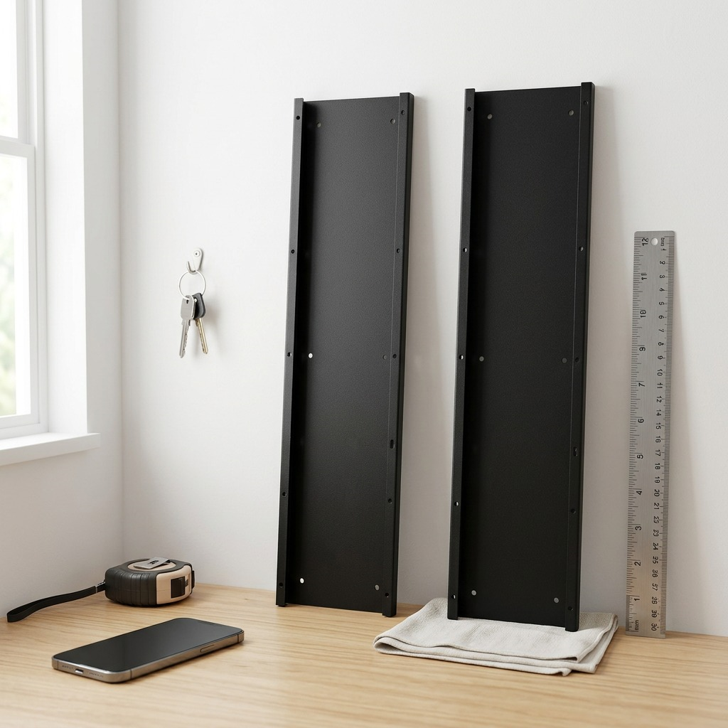 Product-led visual featuring the black powder-coated Rakabot Titan side panel standing beside a standard wooden ruler on a clean surface for an intuitive scale reference.