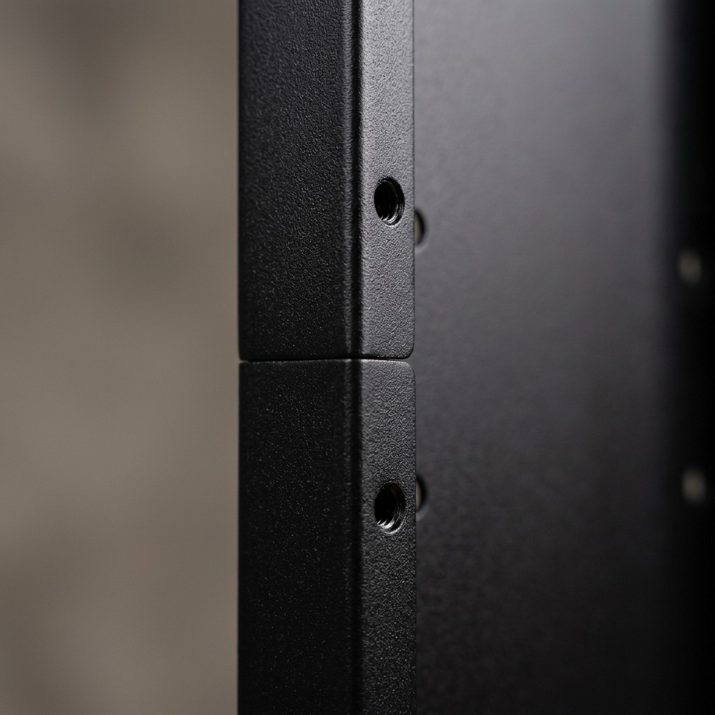 Macro shot of matte black powder-coated textured metal with precise screw holes.