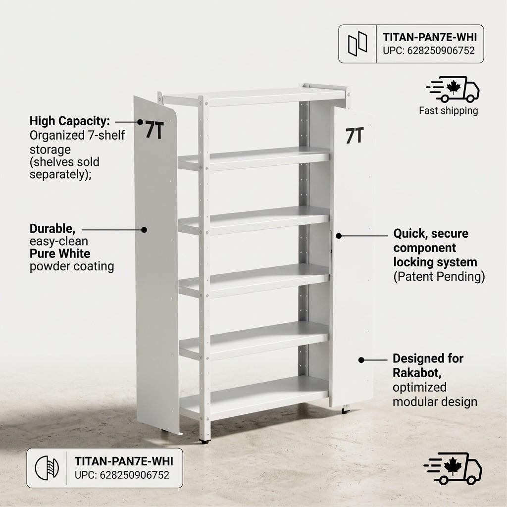 Rakabot Titan 7-tier white side panels (TITAN-PAN7E-WHI) infographic showing its features. Short pointers call out its organized 7-shelf capacity, durable powder coating, secure locking system and modular design.