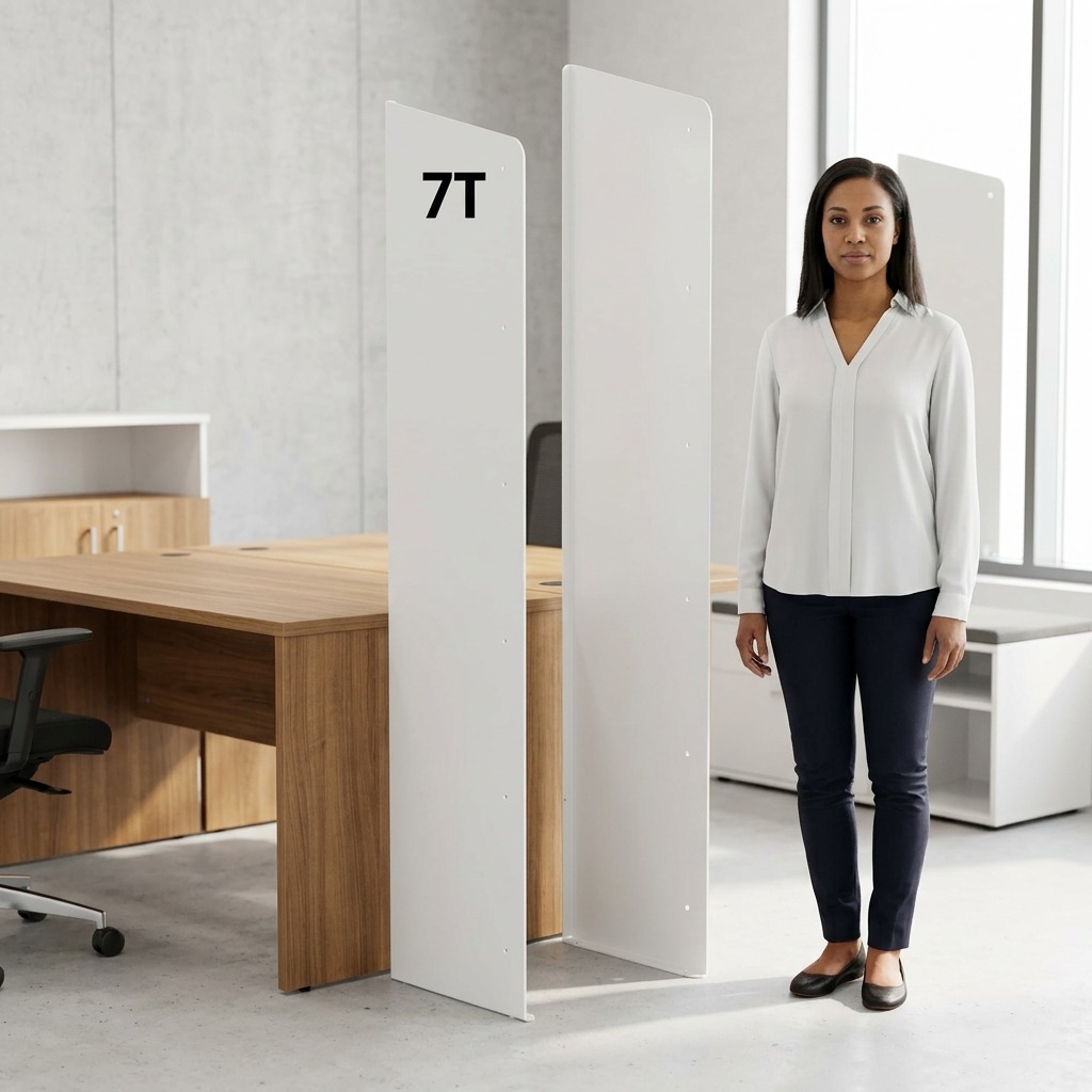 The pure white powder-coated steel side panels are positioned against a standard wooden desk to demonstrate their approximate 7-foot height.