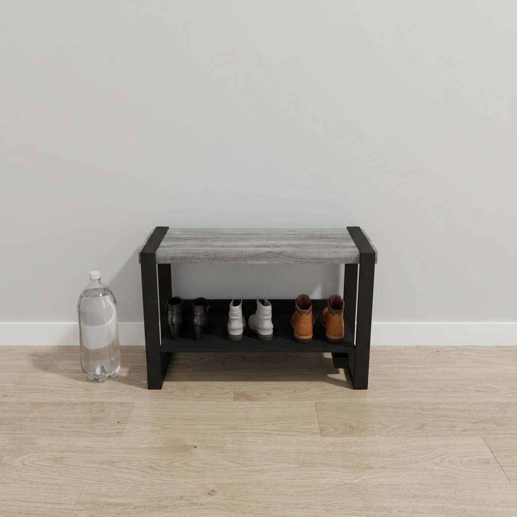 Rakabot Moderno bench next to a standard 2L bottle showing scale comparison.
