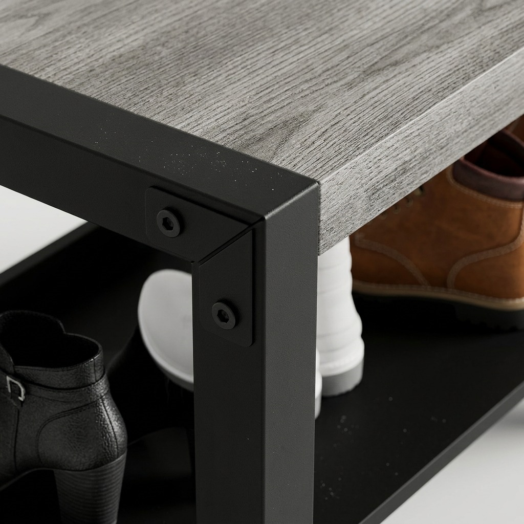 Macro detail shot focusing on the wood end of a GREY WOLF stain bench, metal bracket, and boot soles.