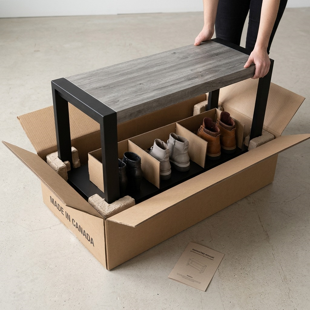 Neutral, real-world photo of unboxing the Rakabot bench, showing it safely nestled in corrugated inserts.