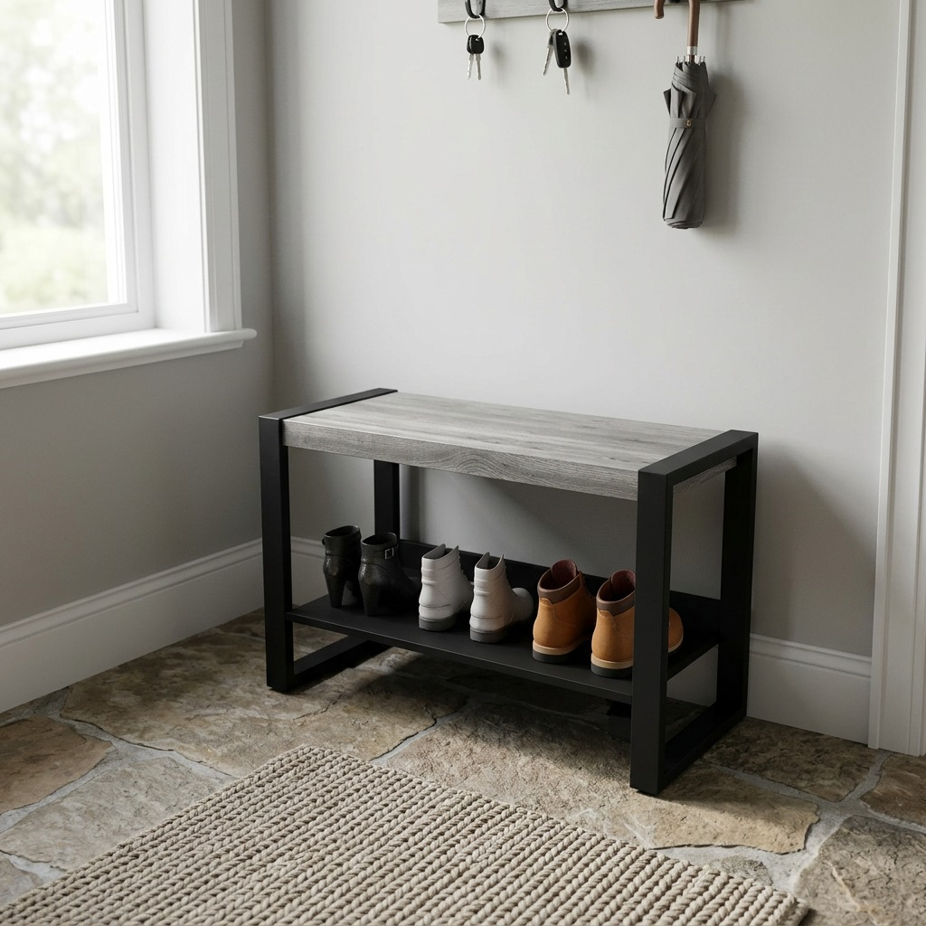 A lifestyle photo of a the Rakabot Moderno (MOD34-GREY). The shoe rack/bench is positioned in a home mudroom. The top bench surface is a Grey Wolf wood tone, and the frame is matte black. The storage shelf holds three pairs of casual footwear: black sneakers, white athletic shoes, and light brown canvas shoes. Natural daylight comes from a nearby window, casting authentic shadows.<ctrl46>