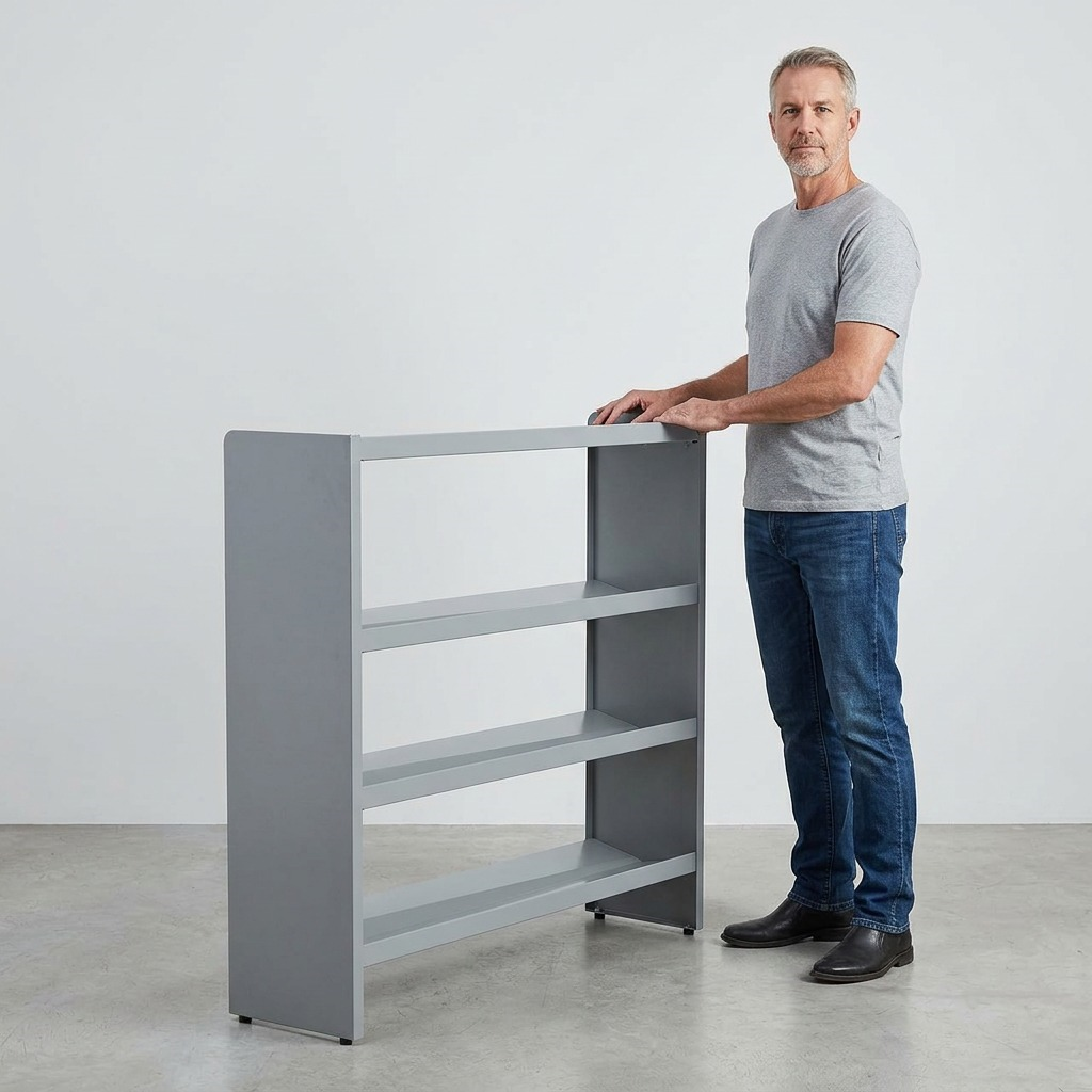 Scale comparison of the multi-level metal shoe storage rack next to a person's size.