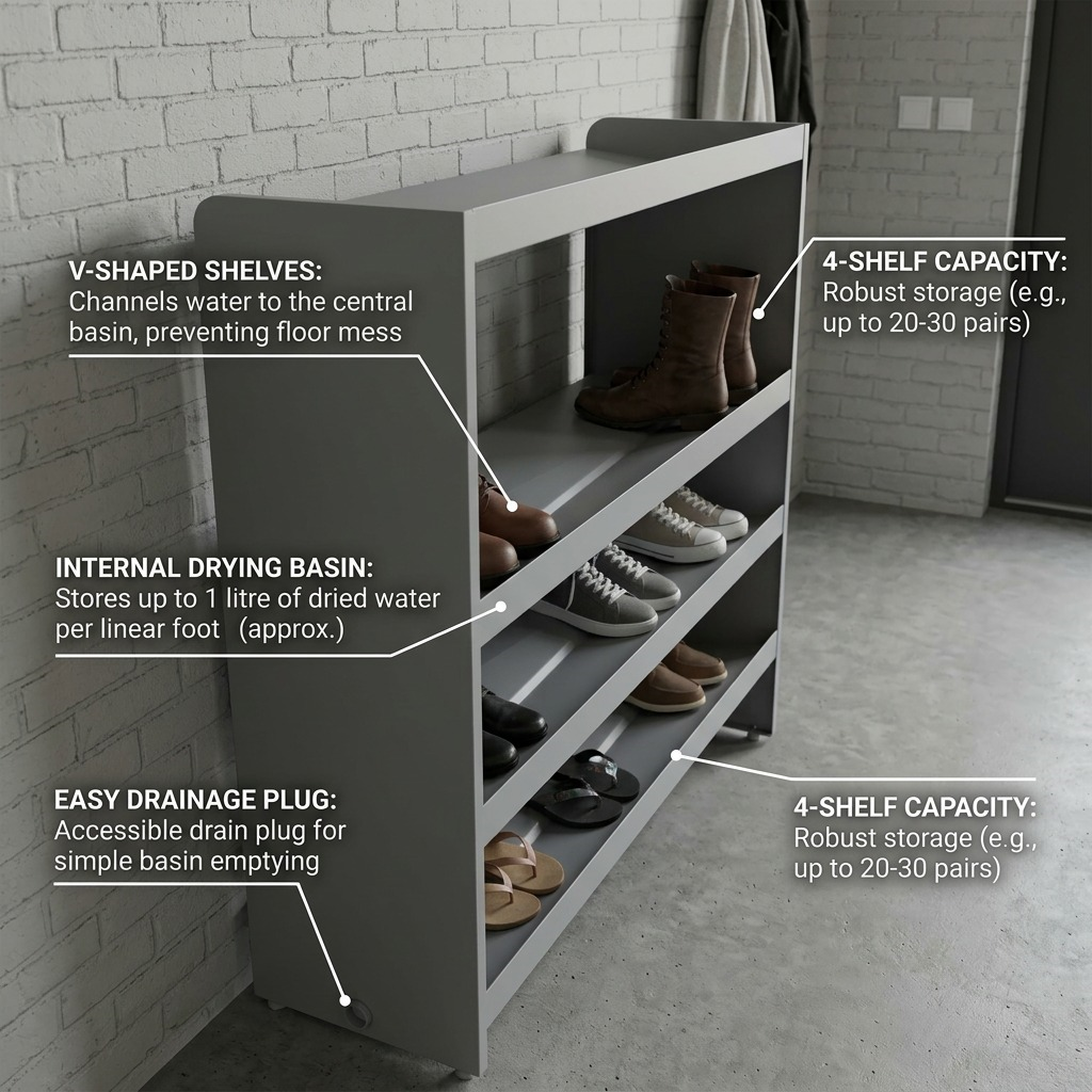 Operational feature graphic of the TITAN-4SHELF-GREY-WP Rakabot, detailing key components and benefits for efficient footwear storage.
