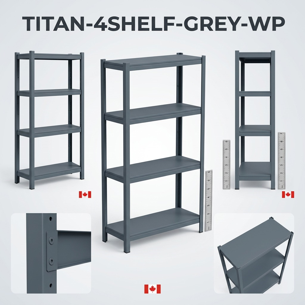 A professional visual matrix for a TITAN-4SHELF-GREY-WP rack system from five angles.