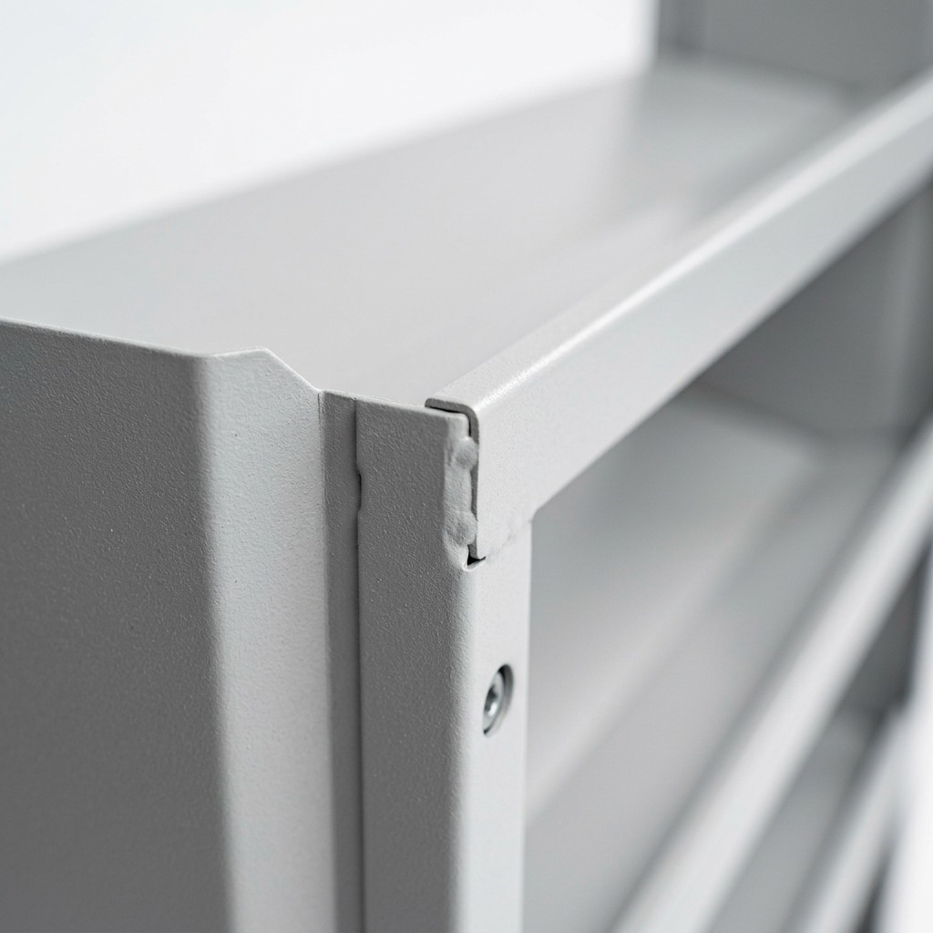 Extreme close-up of a TITAN-4SHELF-GREY-WP rack corner, detailing precise metal joints, shelf insertion point, and durable light grey texture.
