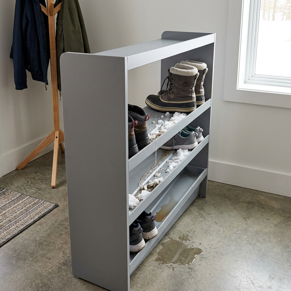 Lifestyle image showing the Titan Rakabot on a concrete floor with water and melted snow contained in its integrated channels and rear bin, illustrating its mess-free shoe storage.