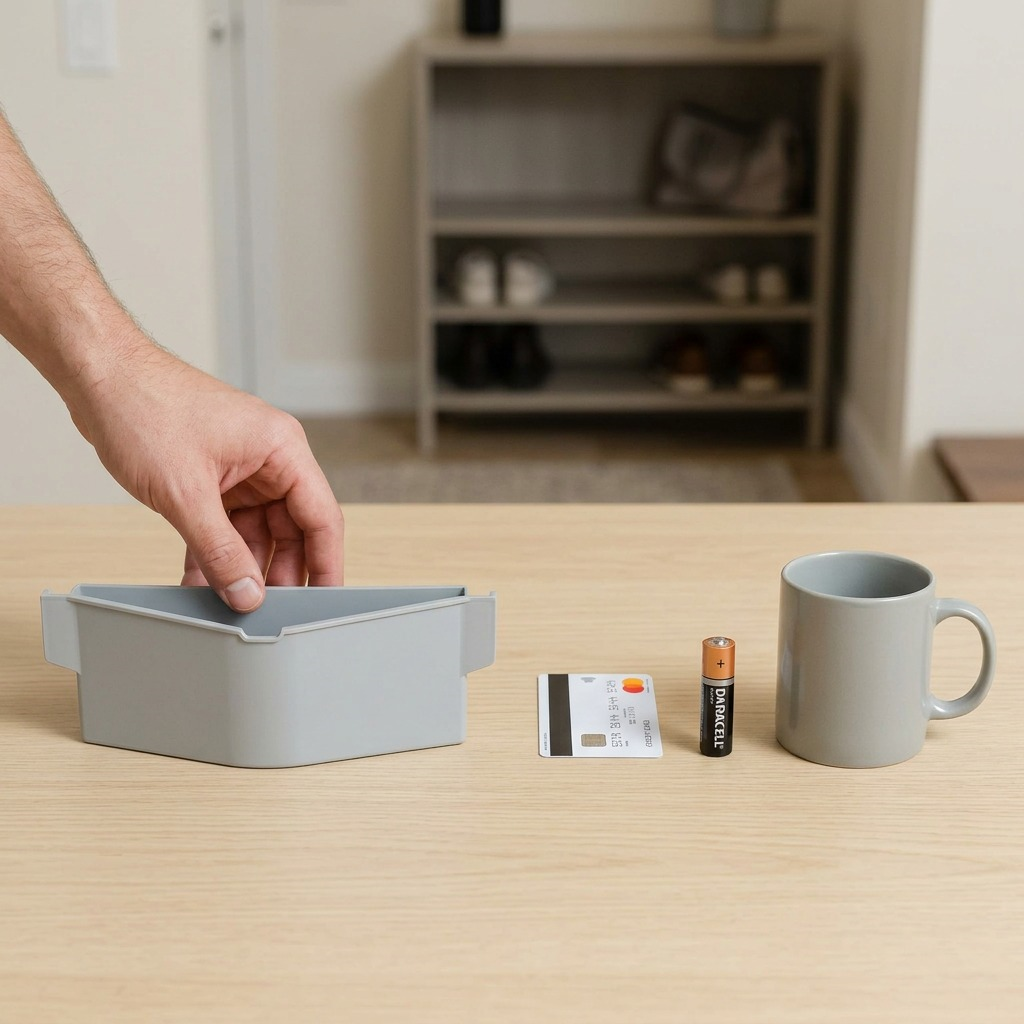 Scale comparison of light grey replacement container against standard objects and a person's hand.
