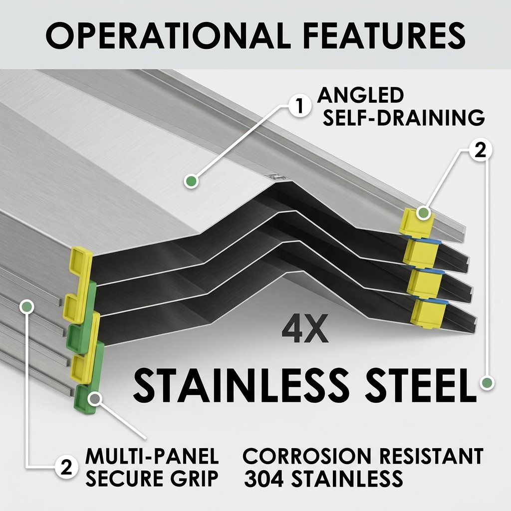 Product graphic shows 4-tier Rakabot Titan, highlighting angled drainage, secure grips, and 304 stainless steel.
